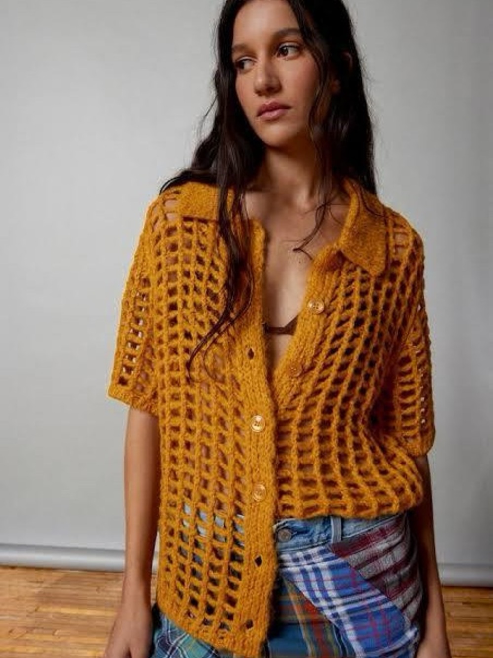 BBG Crochet Cardigan Womens S Mustard Gold Open Knit Collared Button Front Boho